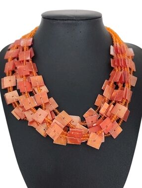 Vintage Multi Strand Dyed Mother of Pearl Shell Necklace Orange Square Beads 18"